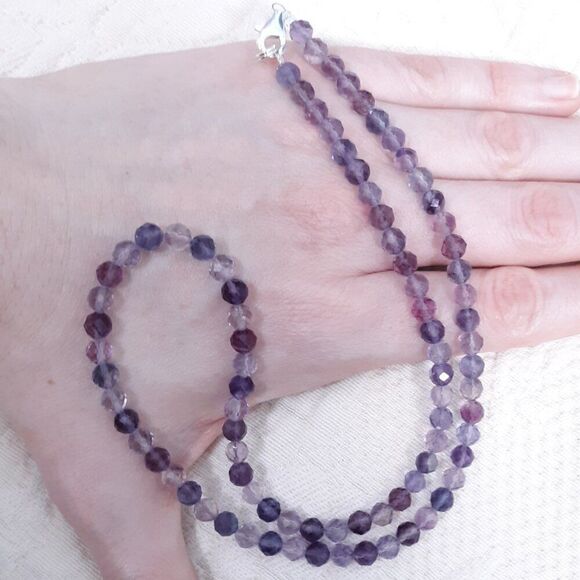 🆕️ 18" Colorful Purple Fluorite Beaded Crystal Stone Necklace blue pink gray - Picture 3 of 8